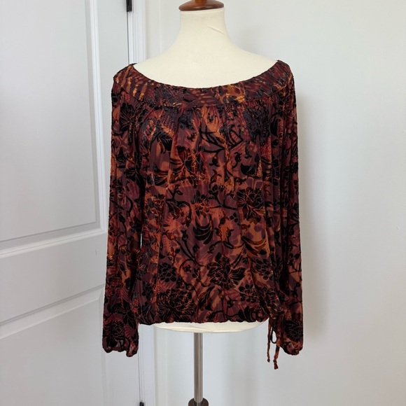 Chico's Brown Burnout Velvet Blouse Long Sleeves Drawstring Hem Size 2/Large - Picture 1 of 10